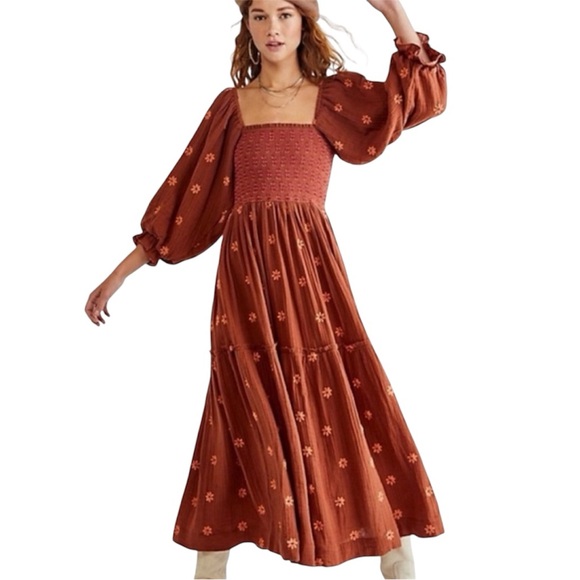 Free People Terracotta Floral embroidered boho midi dress - Picture 1 of 13